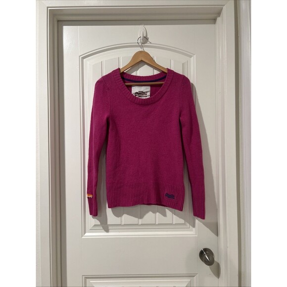 Vintage Superdry Premium Black Label Pink 100% Lambs Wool Embroidery Sweater L - Picture 1 of 9